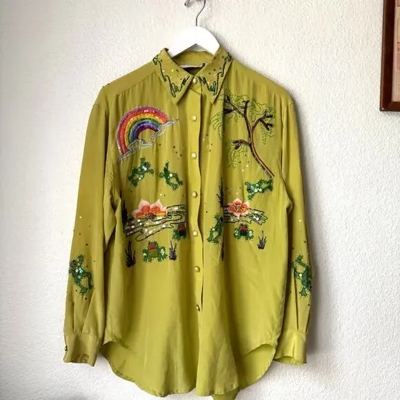 Vintage Green Silk Sequin Embroidered Rainbow Frog Button Up Top - Picture 1 of 8